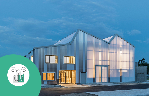 Energy Lab building at dusk with an AEM electrolyser icon.