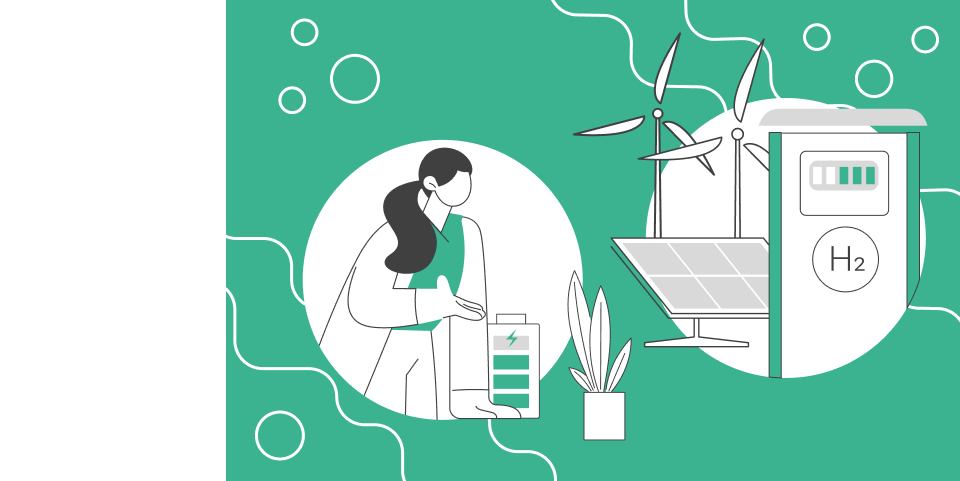 Illustration of renewable energy systems and hydrogen technology with a researcher holding a battery.