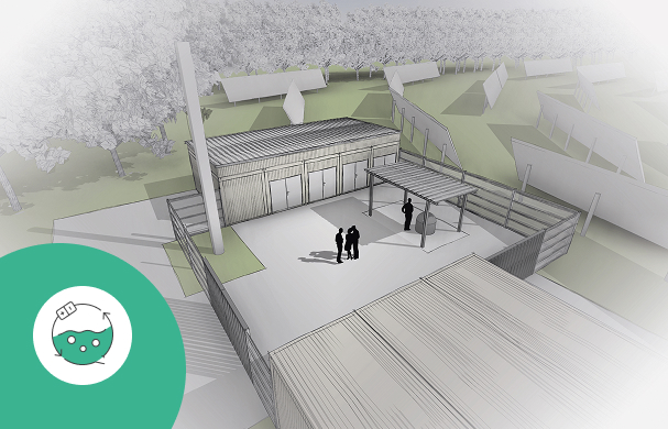 Architectural rendering of the H₂-in-the-Loop facility with a hydrogen technology icon.