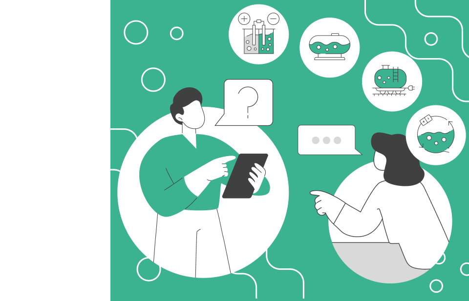 Illustration zur Kontaktaufnahme mit zwei Personen, Sprechblasen und Symbolen der HIP-Projekte auf grünem Hintergrund.